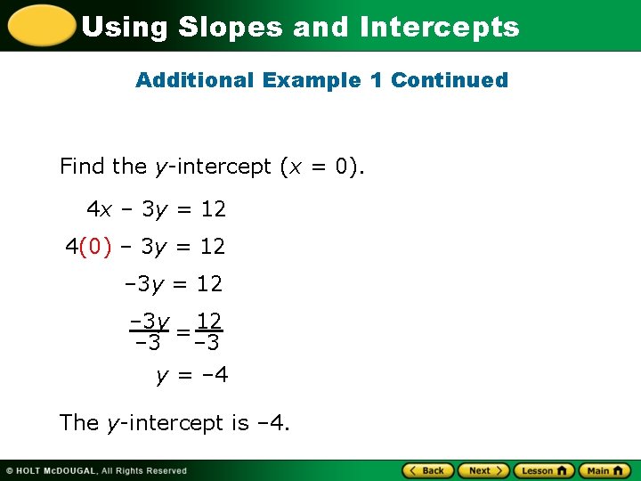 Using Slopes and Intercepts Additional Example 1 Continued Find the y-intercept (x = 0).