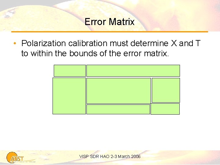 Error Matrix • Polarization calibration must determine X and T to within the bounds