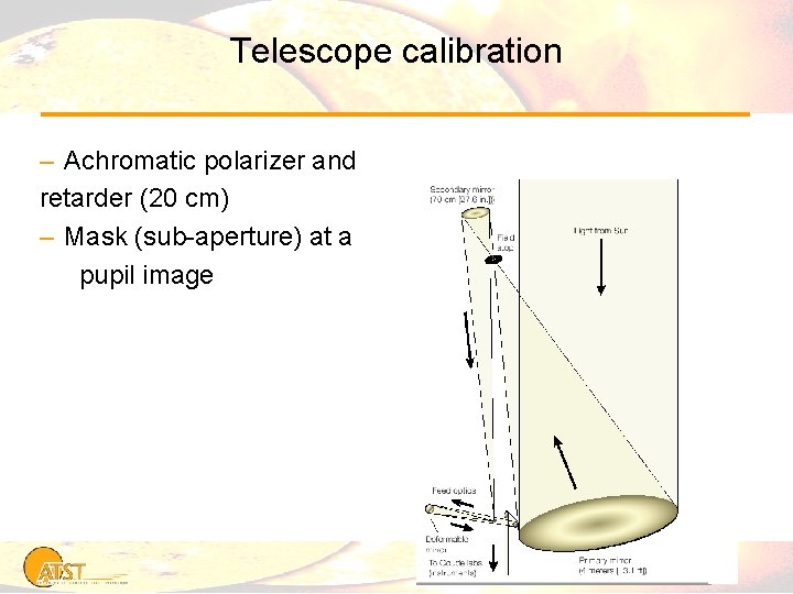 Telescope calibration – Achromatic polarizer and retarder (20 cm) – Mask (sub-aperture) at a