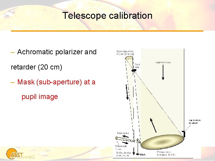 Telescope calibration – Achromatic polarizer and retarder (20 cm) – Mask (sub-aperture) at a