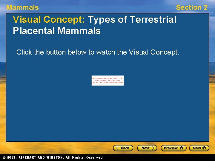 Mammals Section 2 Visual Concept: Types of Terrestrial Placental Mammals Click the button below