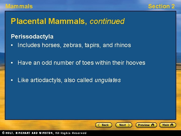 Mammals Placental Mammals, continued Perissodactyla • Includes horses, zebras, tapirs, and rhinos • Have