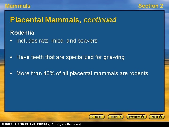 Mammals Section 2 Placental Mammals, continued Rodentia • Includes rats, mice, and beavers •