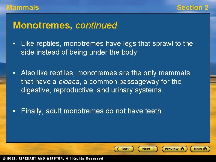 Mammals Section 2 Monotremes, continued • Like reptiles, monotremes have legs that sprawl to