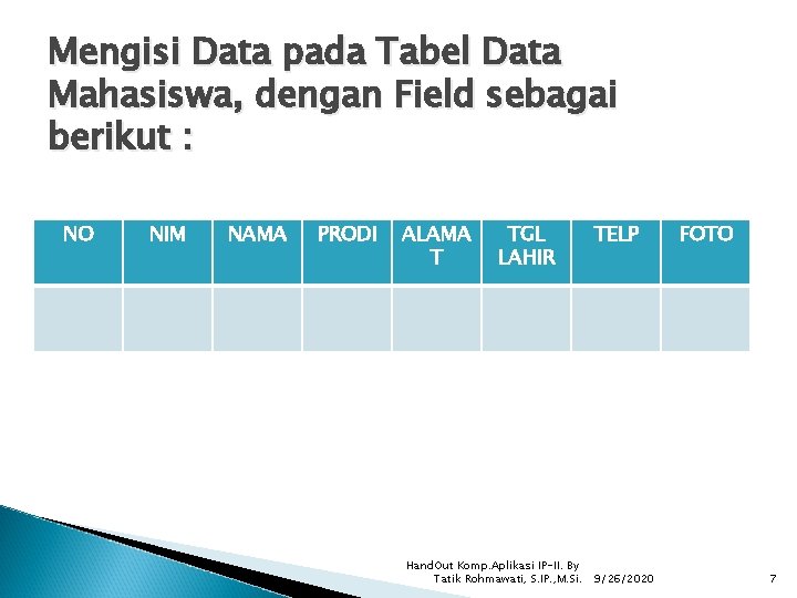 Mengisi Data pada Tabel Data Mahasiswa, dengan Field sebagai berikut : NO NIM NAMA