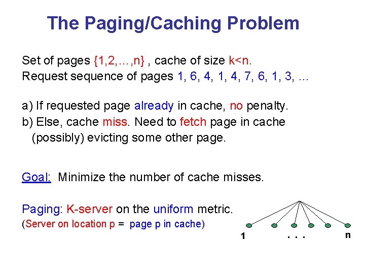 The Paging/Caching Problem Set of pages {1, 2, …, n} , cache of size