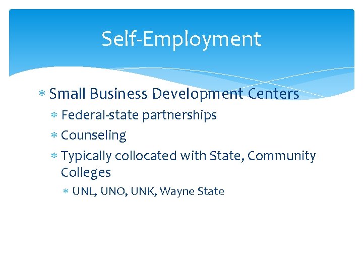 Self-Employment Small Business Development Centers Federal-state partnerships Counseling Typically collocated with State, Community Colleges