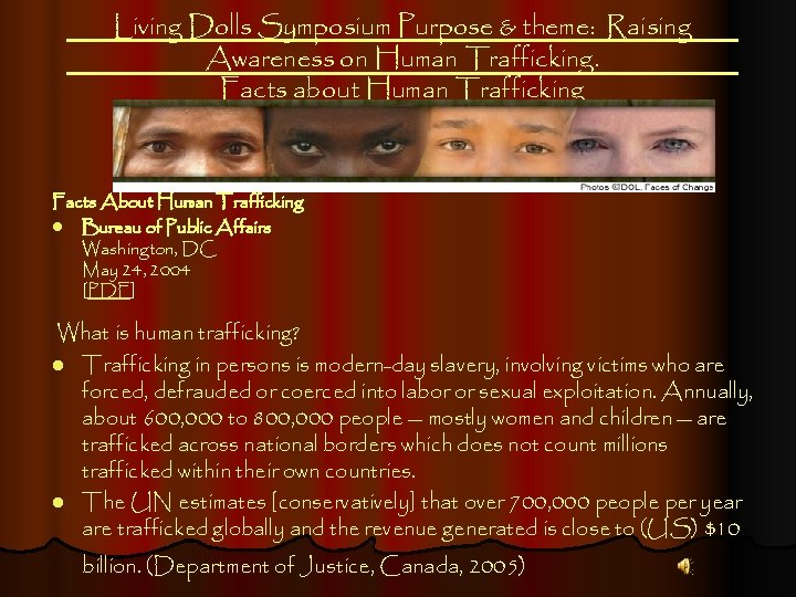 Living Dolls Symposium Purpose & theme: Raising Awareness on Human Trafficking. Facts about Human