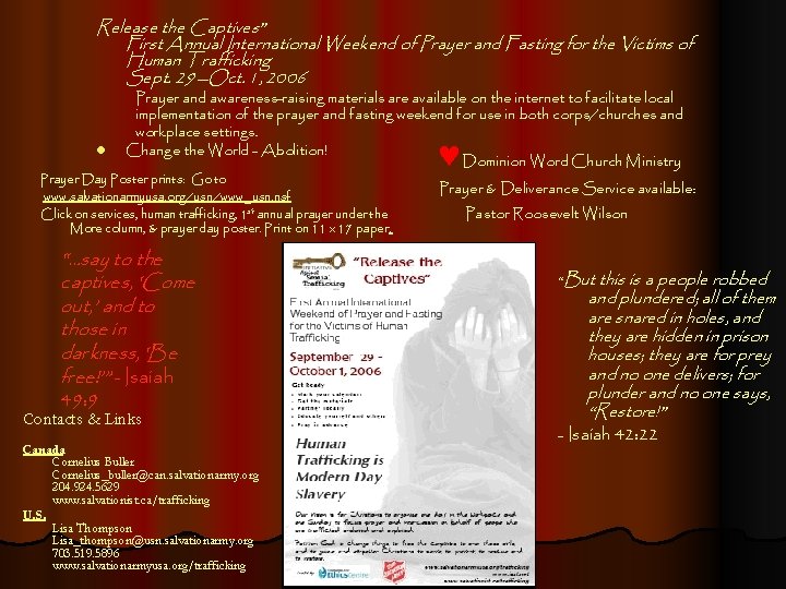 Release the Captives” First Annual International Weekend of Prayer and Fasting for the Victims