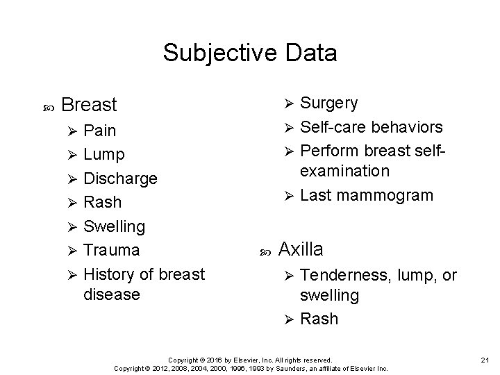 Subjective Data Surgery Ø Self-care behaviors Ø Perform breast selfexamination Ø Last mammogram Breast