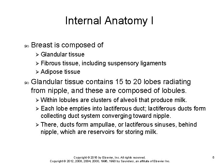 Internal Anatomy I Breast is composed of Ø Glandular tissue Ø Fibrous tissue, including