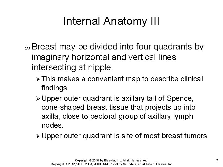 Internal Anatomy III Breast may be divided into four quadrants by imaginary horizontal and