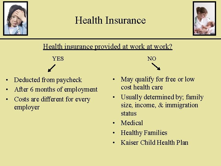 Health Insurance Health insurance provided at work? YES • Deducted from paycheck • After