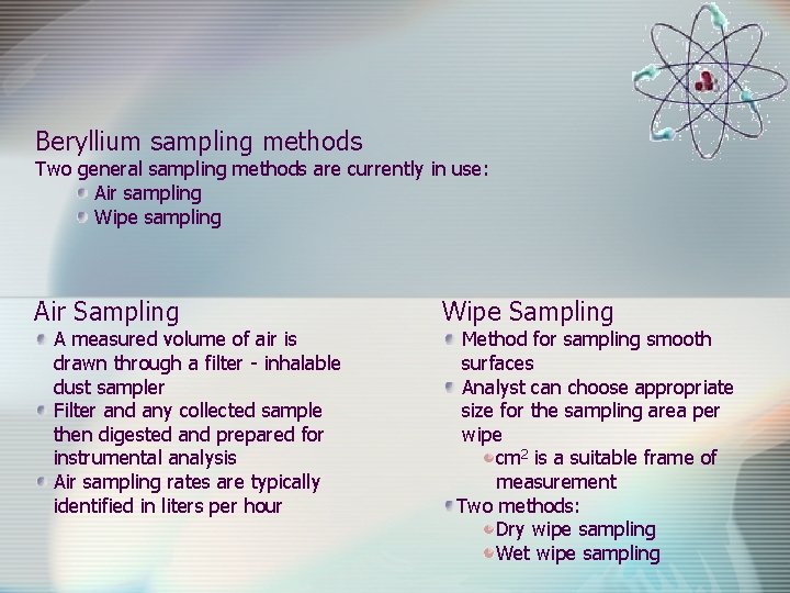 Beryllium sampling methods Two general sampling methods are currently in use: Air sampling Wipe