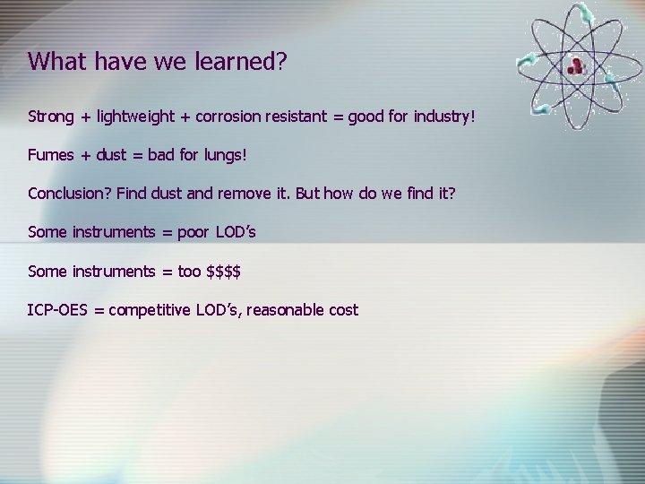What have we learned? Strong + lightweight + corrosion resistant = good for industry!