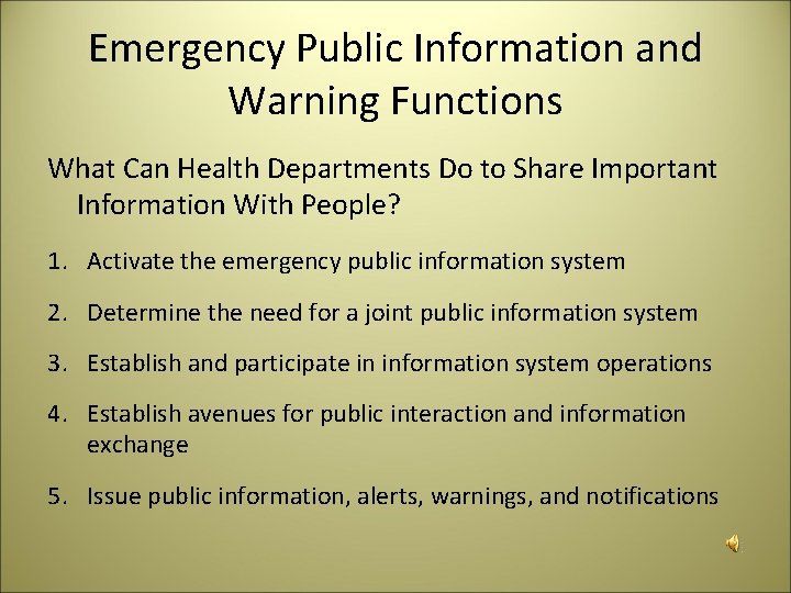Emergency Public Information and Warning Functions What Can Health Departments Do to Share Important