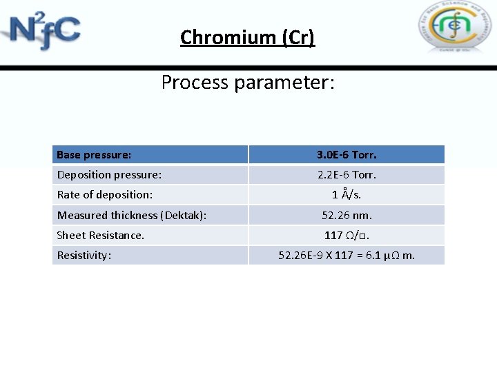Chromium (Cr) Process parameter: Base pressure: 3. 0 E-6 Torr. Deposition pressure: 2. 2