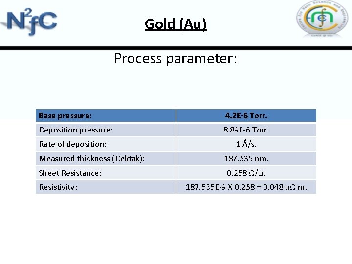 Gold (Au) Process parameter: Base pressure: 4. 2 E-6 Torr. Deposition pressure: 8. 89