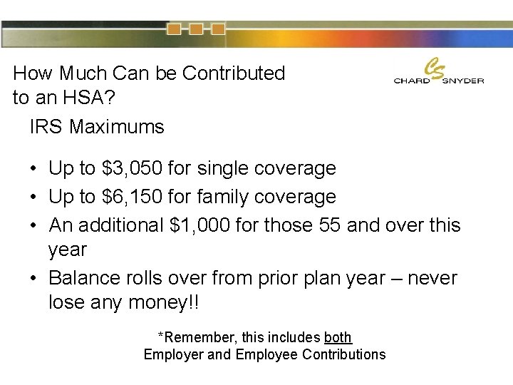 How Much Can be Contributed to an HSA? IRS Maximums • Up to $3,