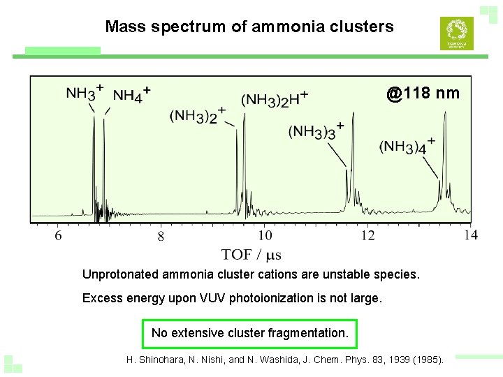 Mass spectrum of ammonia clusters @118 nm Unprotonated ammonia cluster cations are unstable species.