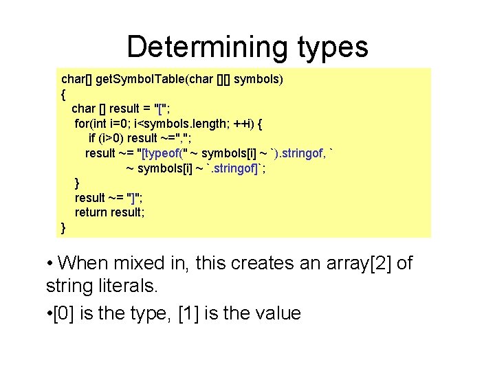 Determining types char[] get. Symbol. Table(char [][] symbols) { char [] result = "[";