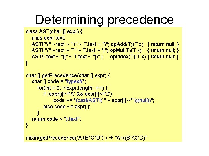 Determining precedence class AST(char [] expr) { alias expr text; AST!("(" ~ text ~