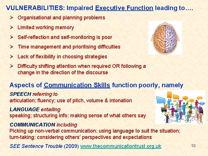 VULNERABILITIES: Impaired Executive Function leading to…. Ø Organisational and planning problems Ø Limited working