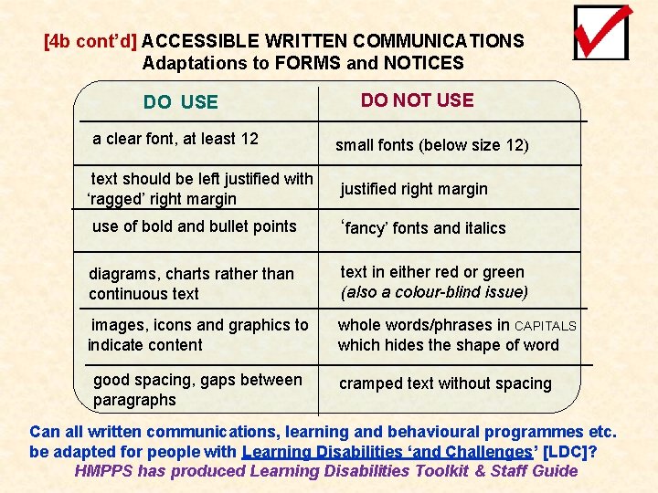 [4 b cont’d] ACCESSIBLE WRITTEN COMMUNICATIONS Adaptations to FORMS and NOTICES DO USE a
