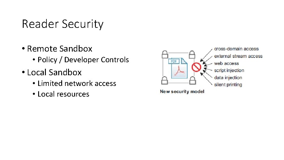 Reader Security • Remote Sandbox • Policy / Developer Controls • Local Sandbox •