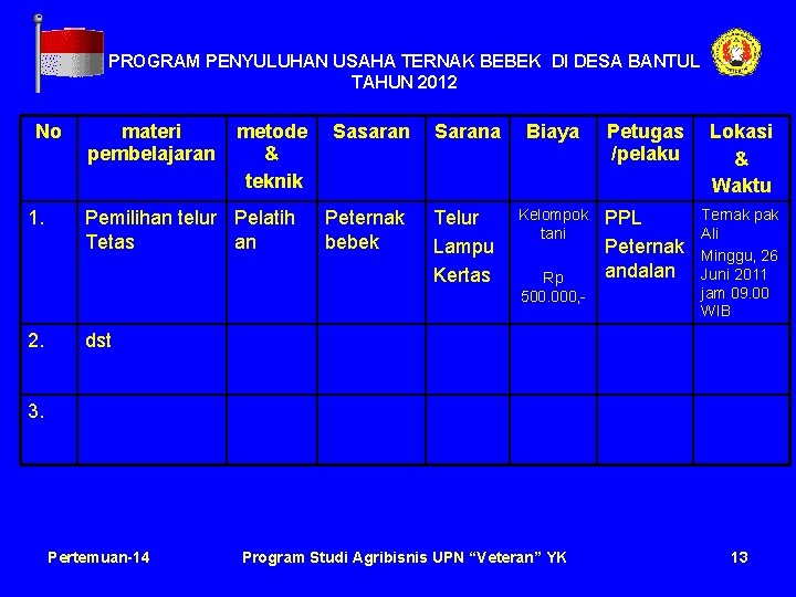 PROGRAM PENYULUHAN USAHA TERNAK BEBEK DI DESA BANTUL TAHUN 2012 No 1. 2. materi