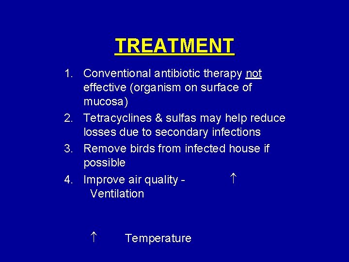 TREATMENT 1. Conventional antibiotic therapy not effective (organism on surface of mucosa) 2. Tetracyclines
