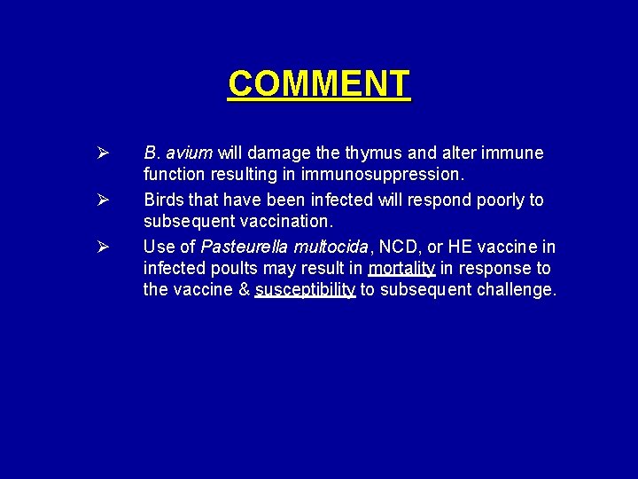 COMMENT Ø Ø Ø B. avium will damage thymus and alter immune function resulting