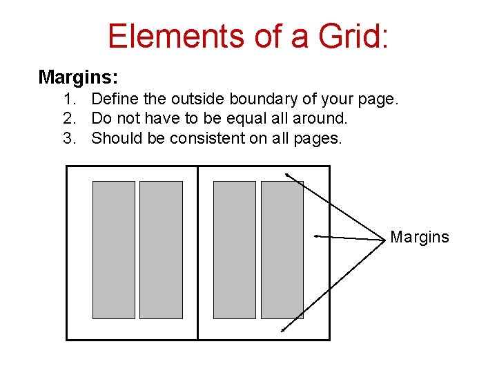 Elements of a Grid: Margins: 1. Define the outside boundary of your page. 2. Elements of a Grid: Margins: 1. Define the outside boundary of your page. 2.