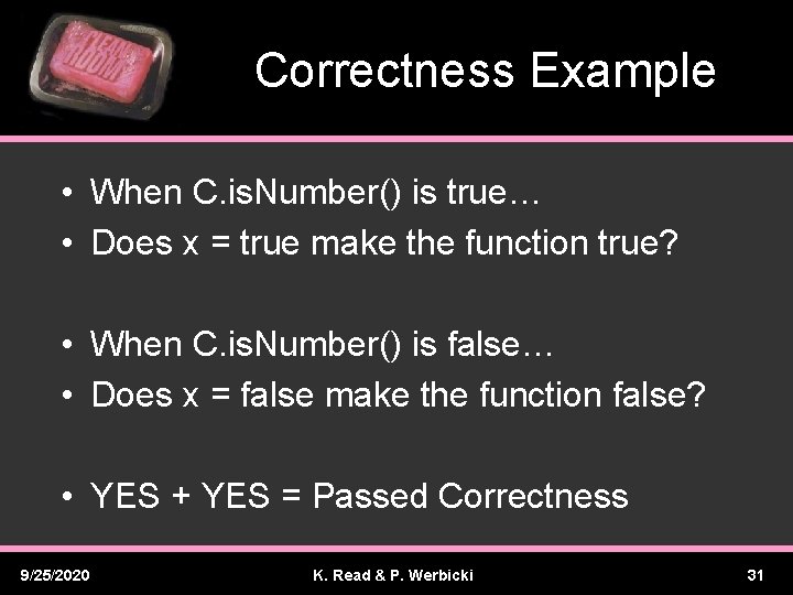 Correctness Example • When C. is. Number() is true… • Does x = true