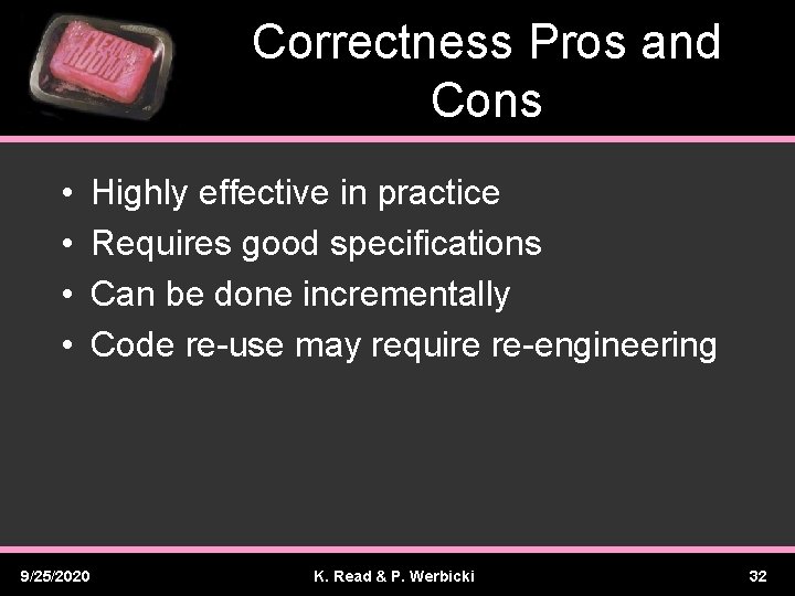 Correctness Pros and Cons • • 9/25/2020 Highly effective in practice Requires good specifications