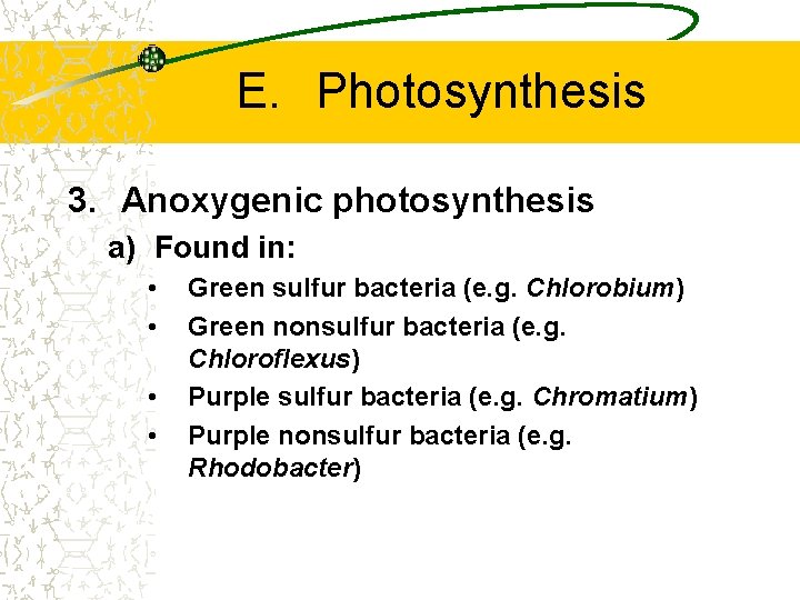 E. Photosynthesis 3. Anoxygenic photosynthesis a) Found in: • • Green sulfur bacteria (e.