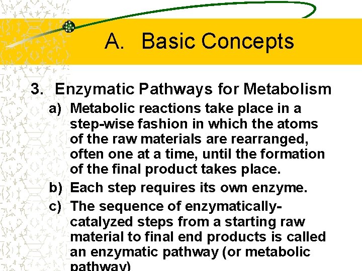 A. Basic Concepts 3. Enzymatic Pathways for Metabolism a) Metabolic reactions take place in