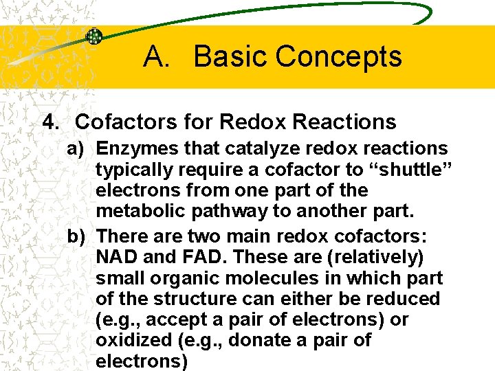 A. Basic Concepts 4. Cofactors for Redox Reactions a) Enzymes that catalyze redox reactions