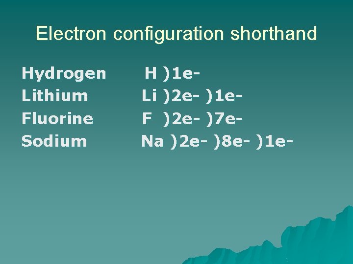 Electron configuration shorthand Hydrogen H )1 e. Lithium Li )2 e- )1 e. Fluorine Electron configuration shorthand Hydrogen H )1 e. Lithium Li )2 e- )1 e. Fluorine
