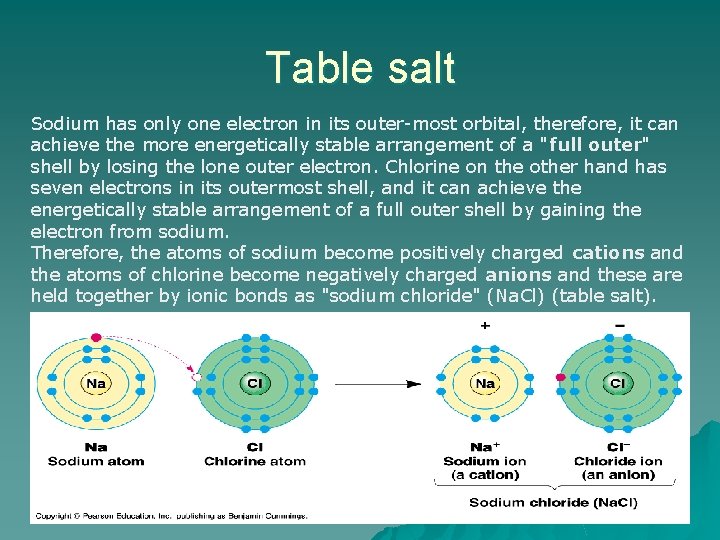 Table salt Sodium has only one electron in its outer-most orbital, therefore, it can