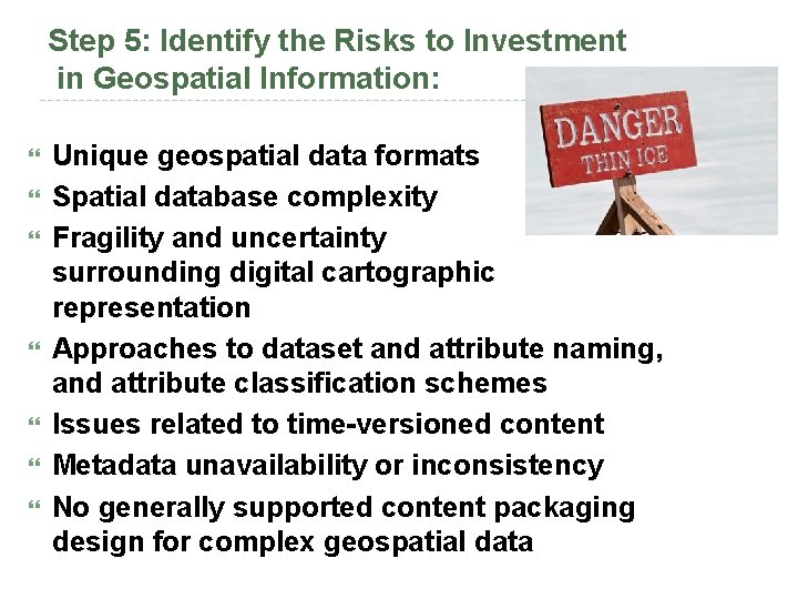 Step 5: Identify the Risks to Investment in Geospatial Information: Unique geospatial data formats