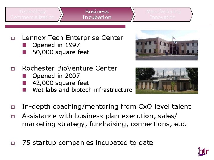 Technology Commercialization o Business Incubation Manufacturing Innovation Lennox Tech Enterprise Center n Opened in