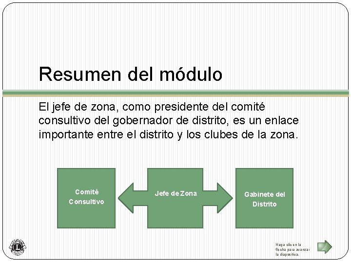 Resumen del módulo El jefe de zona, como presidente del comité consultivo del gobernador