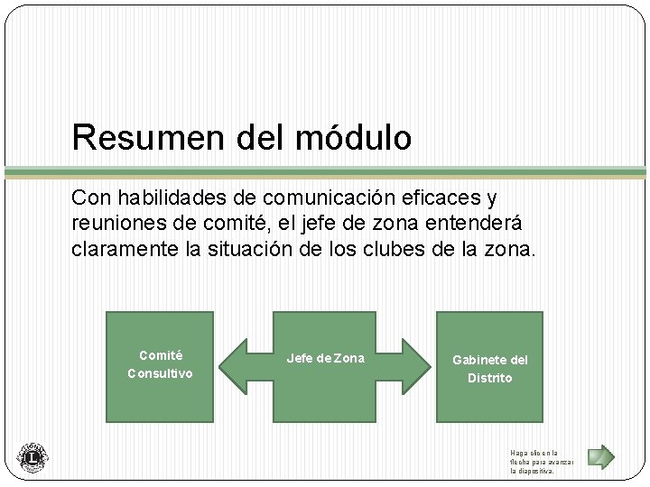 Resumen del módulo Con habilidades de comunicación eficaces y reuniones de comité, el jefe