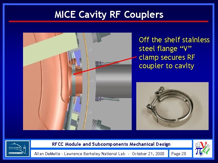 MICE Cavity RF Couplers Off the shelf stainless steel flange “V” clamp secures RF