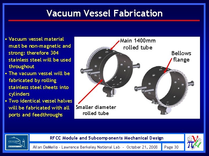 Vacuum Vessel Fabrication • Vacuum vessel material Main 1400 mm must be non-magnetic and