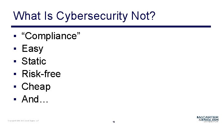 What Is Cybersecurity Not? ▪ ▪ ▪ “Compliance” Easy Static Risk-free Cheap And… Copyright