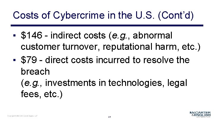 Costs of Cybercrime in the U. S. (Cont’d) ▪ $146 - indirect costs (e.