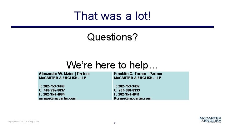 That was a lot! Questions? We’re here to help… Alexander W. Major | Partner