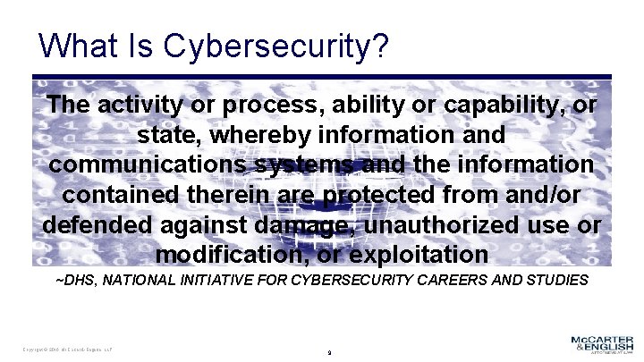 What Is Cybersecurity? The activity or process, ability or capability, or state, whereby information